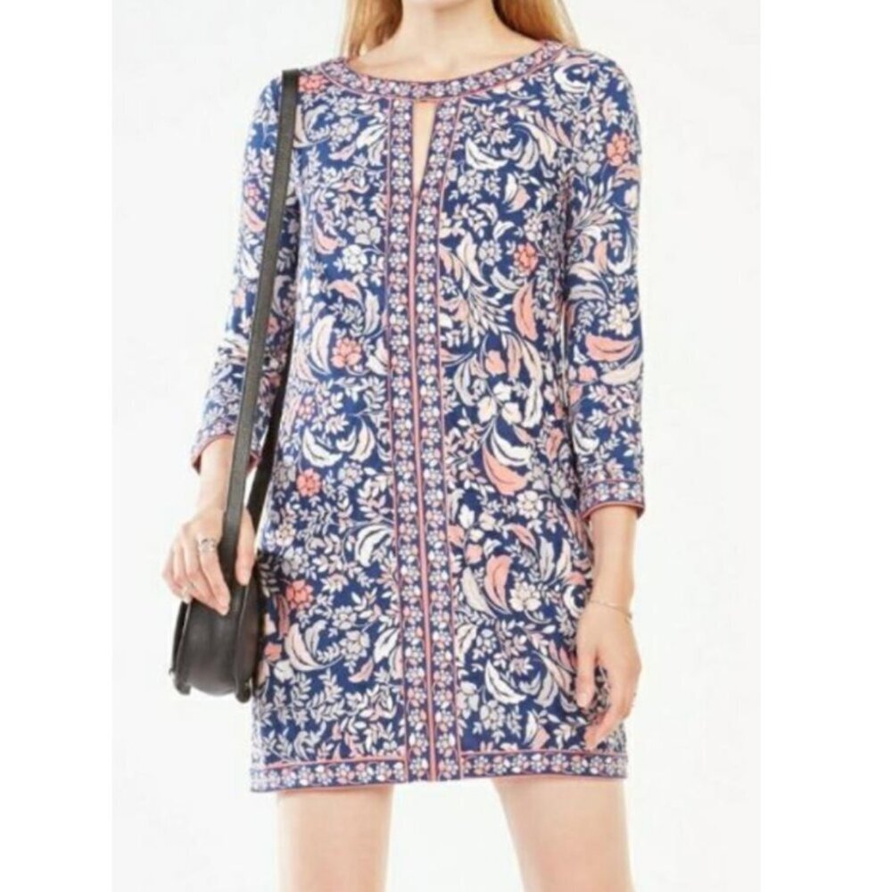 BCBGMAXAZRIA Calico Dress Navy Pink Floral 3/4 Sleeve Summer Mini Shift Dress XS